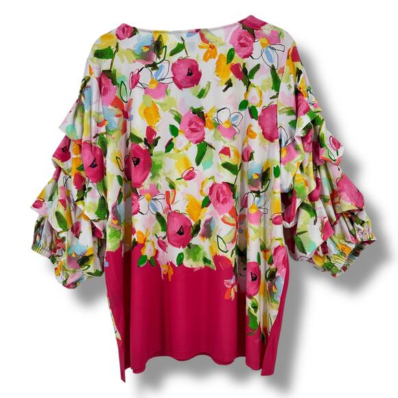 Slim Factor Investments Ruched Ruffle Sleeve Shirt Plus Size 1X Pink Green - Picture 5 of 7